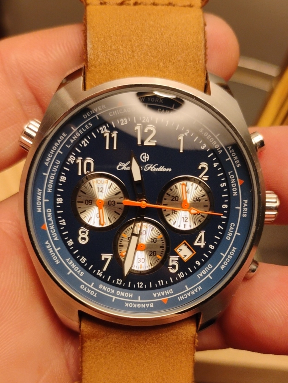 Men's Blue Dial Chronograph Watch with Tan Leather Strap